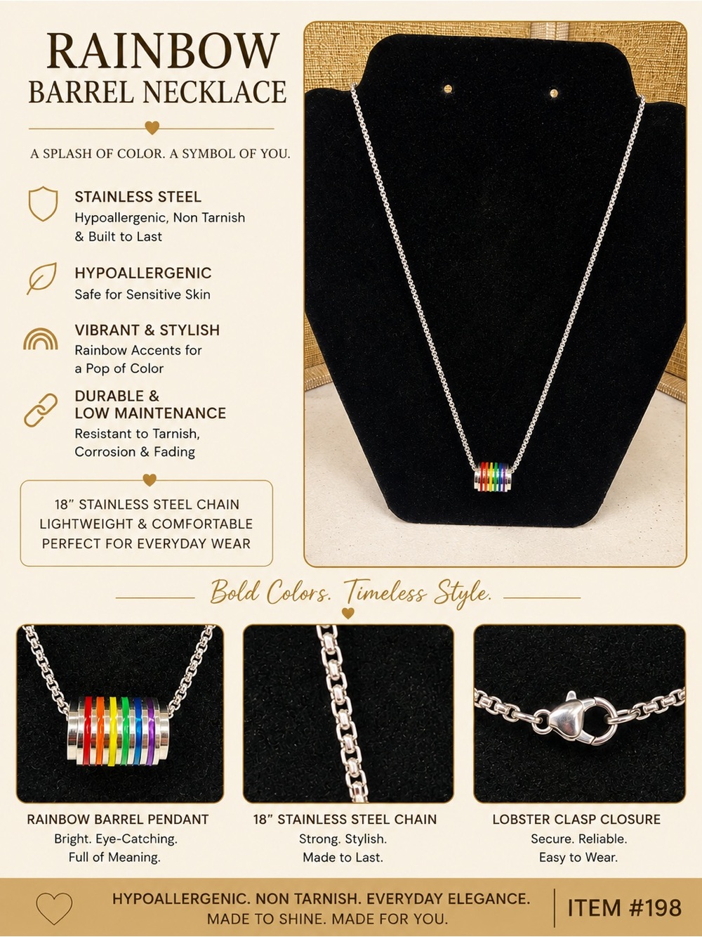 Rainbow Accent Barrel Necklace - Multicolor Stainless Steel